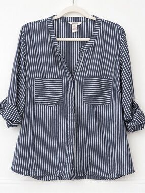 Sundance Navy & White Stripe Dylan Button Front Cotton Top Coastal Grandma Large